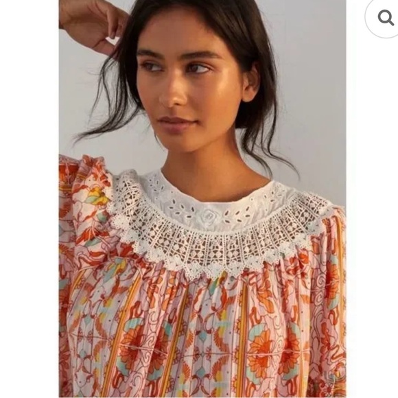 EC Anthropologie Florence Floral Lace Lounge Dress sz L large orange pink white - Picture 3 of 14